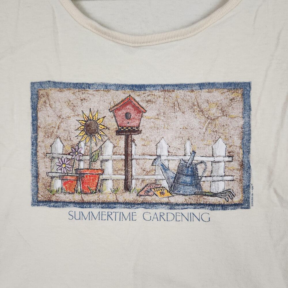 Vintage Sonoma Shirt Womens XL Yellow Summertime Gardening Graphic Scoop Neck